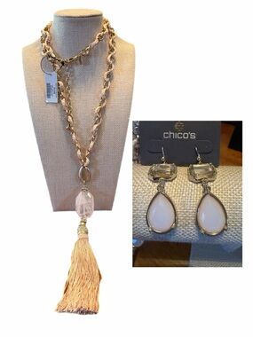 Chico's Gold-Tone Chain Necklace with Blush Pink Tassel & Pink Teardrop Earrings